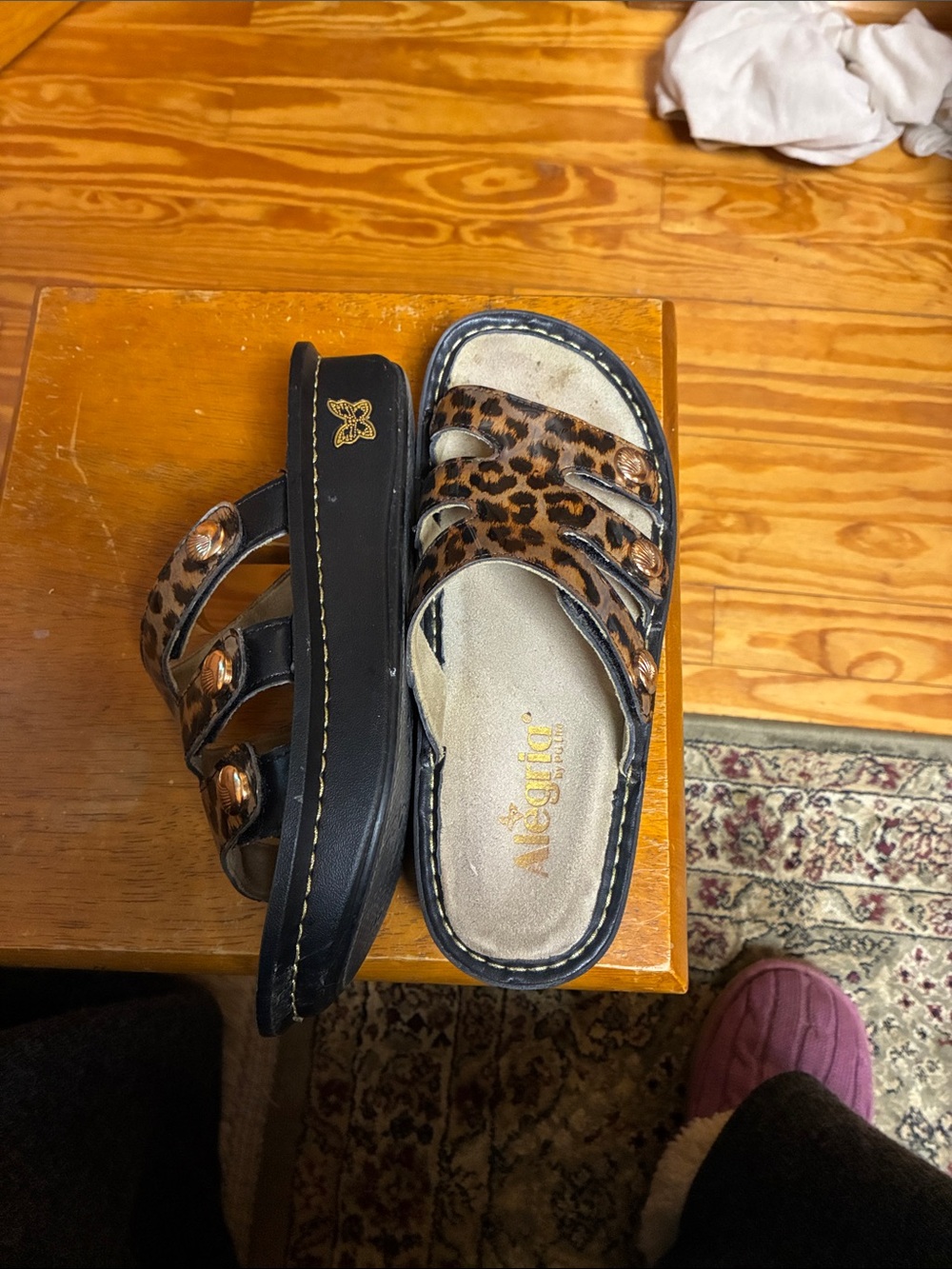Alegria Leopard Print Triple-Strap Slide Sandals with Black Sole